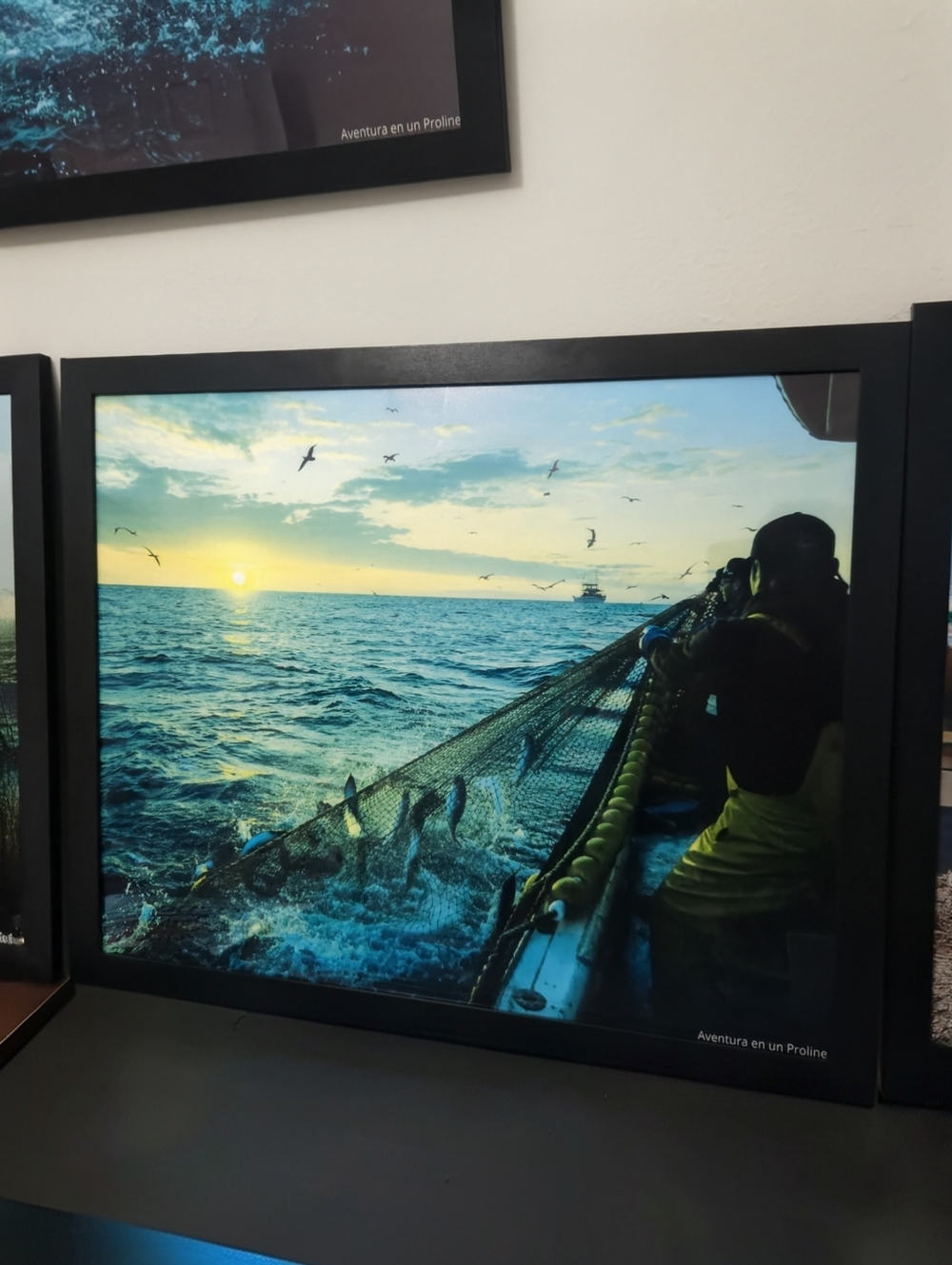 Framed Ocean Fishing Print with Sunset